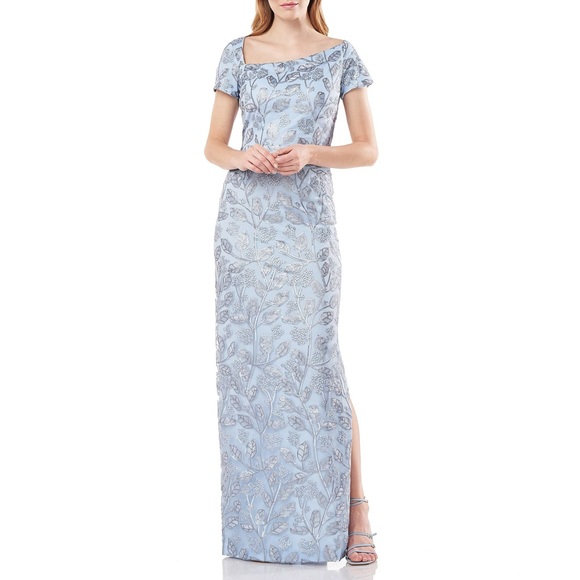 New JS Collections Floral Sequin Embroidered Asymmetric Neck Sheath Gown - Picture 2 of 7